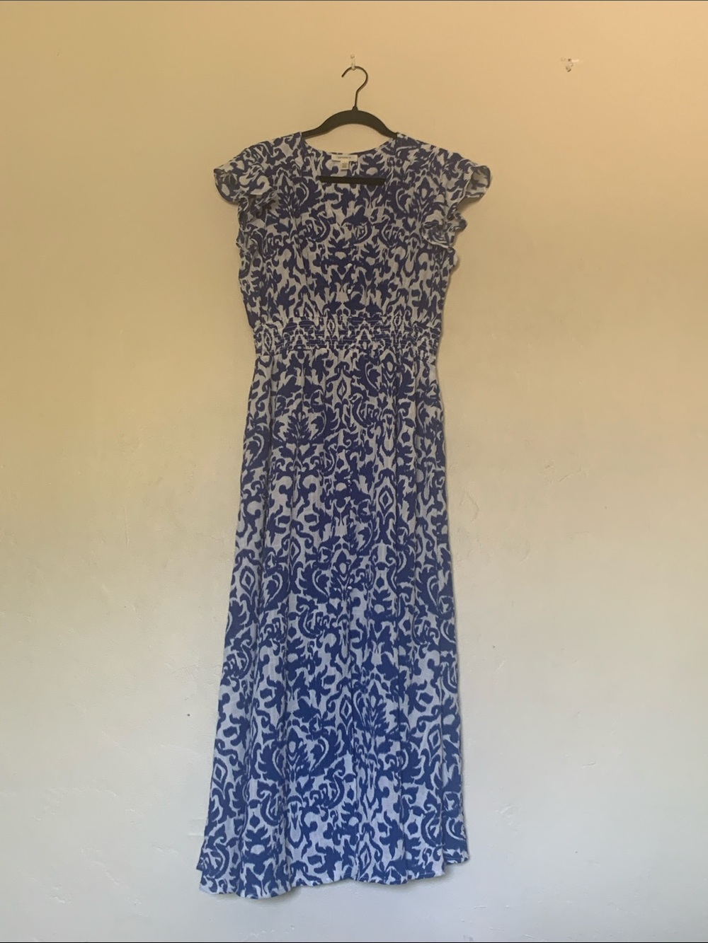 Tamara H Blue and White Printed Cap-Sleeve Maxi Dress